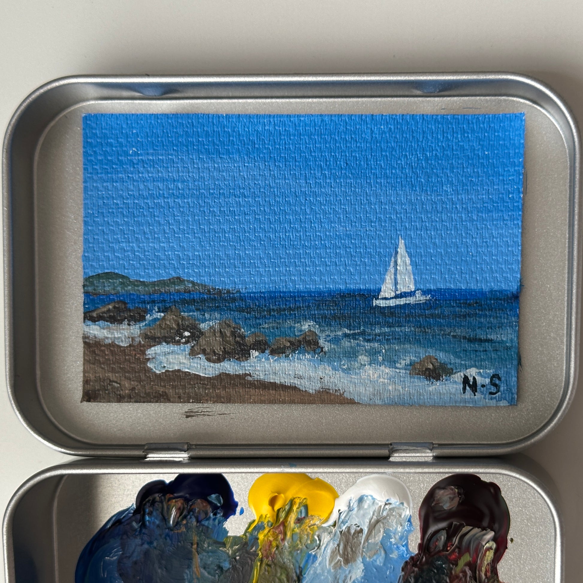 Original tin painting - Blue Boat