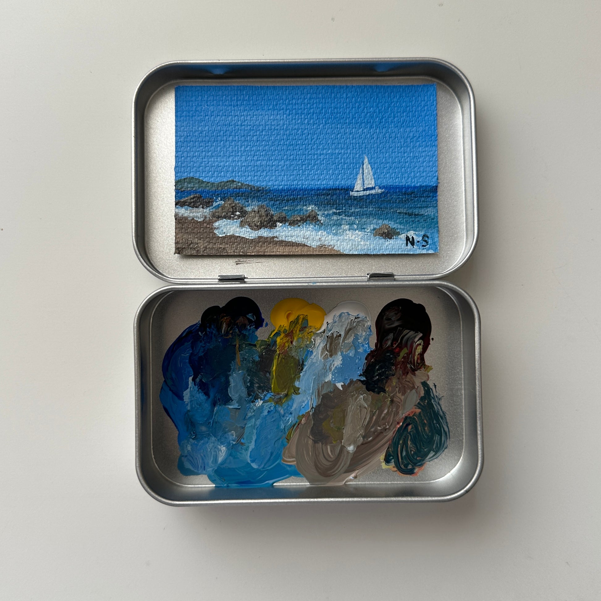 Original tin painting - Blue Boat